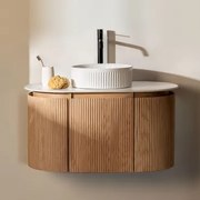Conjunto De Móvel De Casa De Banho Suspenso Em Madeira Carsone Madeira Natural & Sem Unidade Auxiliar & Cerâmica Redonda Branca Ø40 Cm - Sklum