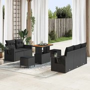 vidaXL Conjunto de Sofás de Jardim 8 Peças com Almofadas Pretas em Rattan de Poliéster e Acácia