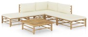 6 pcs conj. lounge p/ jardim em bambu c/ almofadões branco nata