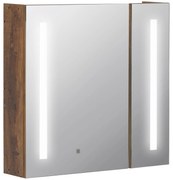 kleankin Armário com Espelho de Casa de Banho com Luz LED Suspenso 2 Portas e Interruptor Tátil Estilo Moderno 70x15x65cm Marrom Rústico