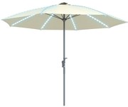 Outsunny Chapéu de Sol de Jardim com Luzes LED Ø300x256 cm Manivela  Proteção UV50+ e Mastro de Alumínio Creme
