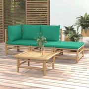 4 pcs conjunto lounge de jardim bambu c/ almofadões verdes