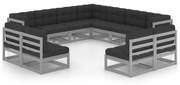 vidaXL 11 pcs conj. lounge jardim c/ almofadões pinho maciço cinzento