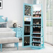 Armário joias giratório com Espelho de corpo inteiro 360° com luzes LED Prateleiras de armazenamento 54,5 x 161 cm Azul