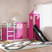 vidaXL Beliche com escorrega e cortinas 90x200 cm rosa