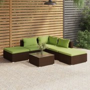 6 pcs conjunto lounge jardim c/ almofadões vime PE castanho