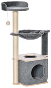 PawHut Árvore Arranhador para Gatos Árvore para Escalar Brincar e Descansar com Rede Plataformas Caverna Bola Suspensa e Poste de Sisal para Aranhar 48x34x95cm Cinza