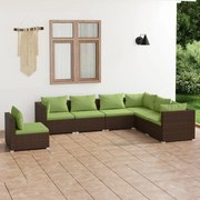 7 pcs conjunto lounge de jardim c/ almofadões vime PE castanho