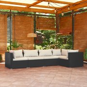 5 pcs conjunto lounge de jardim c/ almofadões vime PE preto