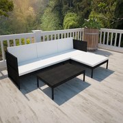 3 pcs conjunto lounge de jardim c/ almofadões vime PE preto