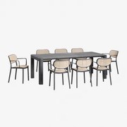 Conjunto De Mesa Retangular 220x100 Cm Arnadine E 8 Cadeiras De Jardim Empilháveis Com Apoios De Braços Em Polipropileno Omara Cinza Grafito - Sklum