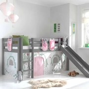 Conjunto Cama alta de Criança PINO 90 x 200 cm + estrado + escada + escorrega + cortina + bolsas de arrumação Passaros Cinzenta