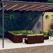 12 pcs conjunto lounge de jardim c/ almofadões vime PE castanho