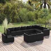 10 pcs conjunto lounge de jardim c/ almofadões vime PE preto