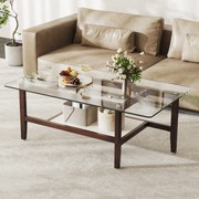 Mesa de centro de vidro de 2 níveis com Pernas de madeira com borracha sólida 107 x 60 x 42 cm Castanho