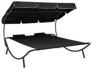 vidaXL Espreguiçadeira com toldo e almofadas preto