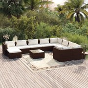 vidaXL 11 pcs conjunto lounge jardim c/ almofadões vime PE castanho
