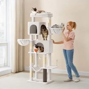 Arranhador para gatos com 175 cm de altura, 2 cavernas e 2 cavidades para descansar, branco creme
