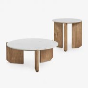 Conjunto De 2 Mesas De Centro Redondas Em Pedra Natural E Madeira De Mangueira Lavinia Mármore Branco & Madeira Natural - Sklum