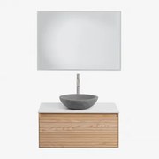 Conjunto De Móvel De Casa De Banho Suspenso Em Madeira De Freixo Tedrik Castanho Fresno & Cimento Cinzento Redondo Ø40 Cm Tarsis & Led - Sklum