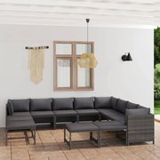 12 pcs conjunto lounge de jardim c/ almofadões vime PE cinzento