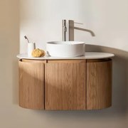 Conjunto De Móvel De Casa De Banho Suspenso 90x50 Cm Em Madeira Carsone Madeira Natural & Sem Unidade Auxiliar & Cerâmica Redonda Branca - Sklum