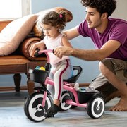Triciclo infantil de 3 rodas com assento ajustável, cestos dianteiro e traseiro, estrutura em ferro, para 1,5 a 5 anos Rosa