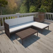 3 pcs conjunto lounge jardim c/ almofadões vime PE castanho