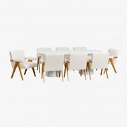 Conjunto De Mesa Ovalada 220x95 Cm Em Cimento Noemi E 8 Cadeiras De Jantar Em Madeira E Tecido Bouclé Lucca Branco - Sklum