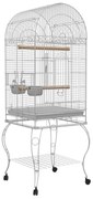 PawHut Gaiola para Pássaros com Rodas Bandeja Amovível Prateleira 2 Comedouros de Aço Inoxidável e Poleiro 51x51x153 cm Branco