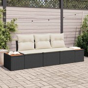 vidaXL Conjunto de Sofás de Jardim 3 Peças da com Almofadas Pretas em Rattan Sintético de Acácia.