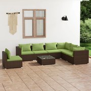 8 pcs conjunto lounge jardim c/ almofadões vime PE castanho