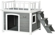 PawHut Casinha para cães, Terraço no telhado, Escada, Janela, Espaçamento do solo, Madeira natural, cinza claro, 121 x 77 x 78 cm | Aosom Portugal