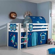 Conjunto Cama alta de Criança PINO 90 x 200 cm + estrado + escada + cortina +3 bolsas + túnel Astronauta Branca