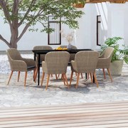 7 pcs conjunto de jantar para jardim com almofadões castanho