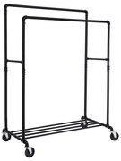 Rack de roupas para tubos industriais SONGMICS sobre rodas, carga máxima de 110 kg, trilho duplo suspenso, metal resistente com prateleira, classe comercial, preto HSR60B