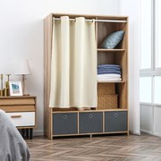 Armário de roupa, com varão para cortinas, 3 gavetas de tecido removíveis, 105 x 48 x 160 cm, natural