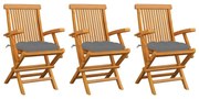 vidaXL Cadeiras de jardim c/ almofadões cinzentos 3 pcs teca maciça