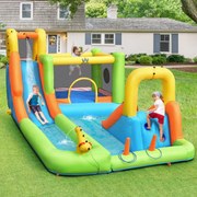 Parque aquático insuflável com soprador, escorrega, cesto de basquetebol, lançamento de anéis e parede de escalada 503 x 290 x 216 cm Multicolorido