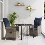 vidaXL Conjunto de Jantar de Jardim 3 Peças com Almofadas Cinzas de Rattan Sintético