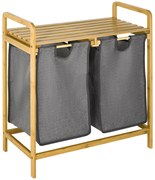 HOMCOM Cesto de Roupa de Bambu para Lavandaria com 2 Bolsas Amovíveis e Prateleira 63,5x33x73 cm Madeira e Cinza