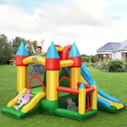 Castelo insuflável para crianças com compressor 680 W 2 escorregas Área de saltos Piscina com bolas 330 x 300 x 210 cm Multicolorido