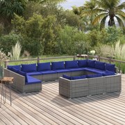 13 pcs conjunto lounge de jardim c/ almofadões vime PE cinzento