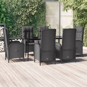 7 pcs conjunto de jantar p/ jardim c/ almofadões vime PE preto