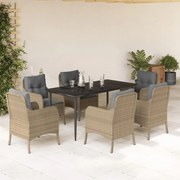 7 pcs conjunto de jantar p/ jardim com almofadões vime PE bege