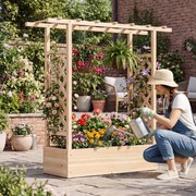 Floreira de jardim elevada em madeira com treliça 110 x 35 x 114 cm, teto suspenso, orifícios de drenagem, abeto, para plantas trepadeiras natural