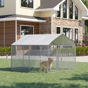 Canil de Exterior com Toldo Gaiola para Cães Animais de Estimação de Metal Galvanizado com Fechadura para Jardim Pátio 230x230x175cm Prata