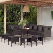 6 pcs conjunto de jantar p/ jardim c/ almofadões vime PE preto