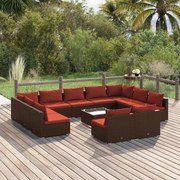 vidaXL 12 pcs conjunto lounge de jardim c/ almofadões vime PE castanho