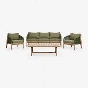 Conjunto De Sala Com Sofá De 3 Lugares, 2 Poltronas E Mesa De Centro Em Madeira De Acácia Dubai Verde Exército Claro & Castanho Acácia Rústico - Sklum